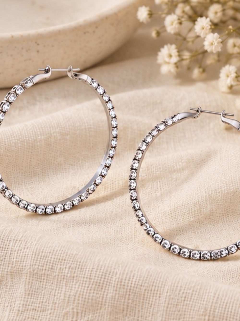Silver Rhinestone Large Statement Hoop Earrings - Picture 4 of 4